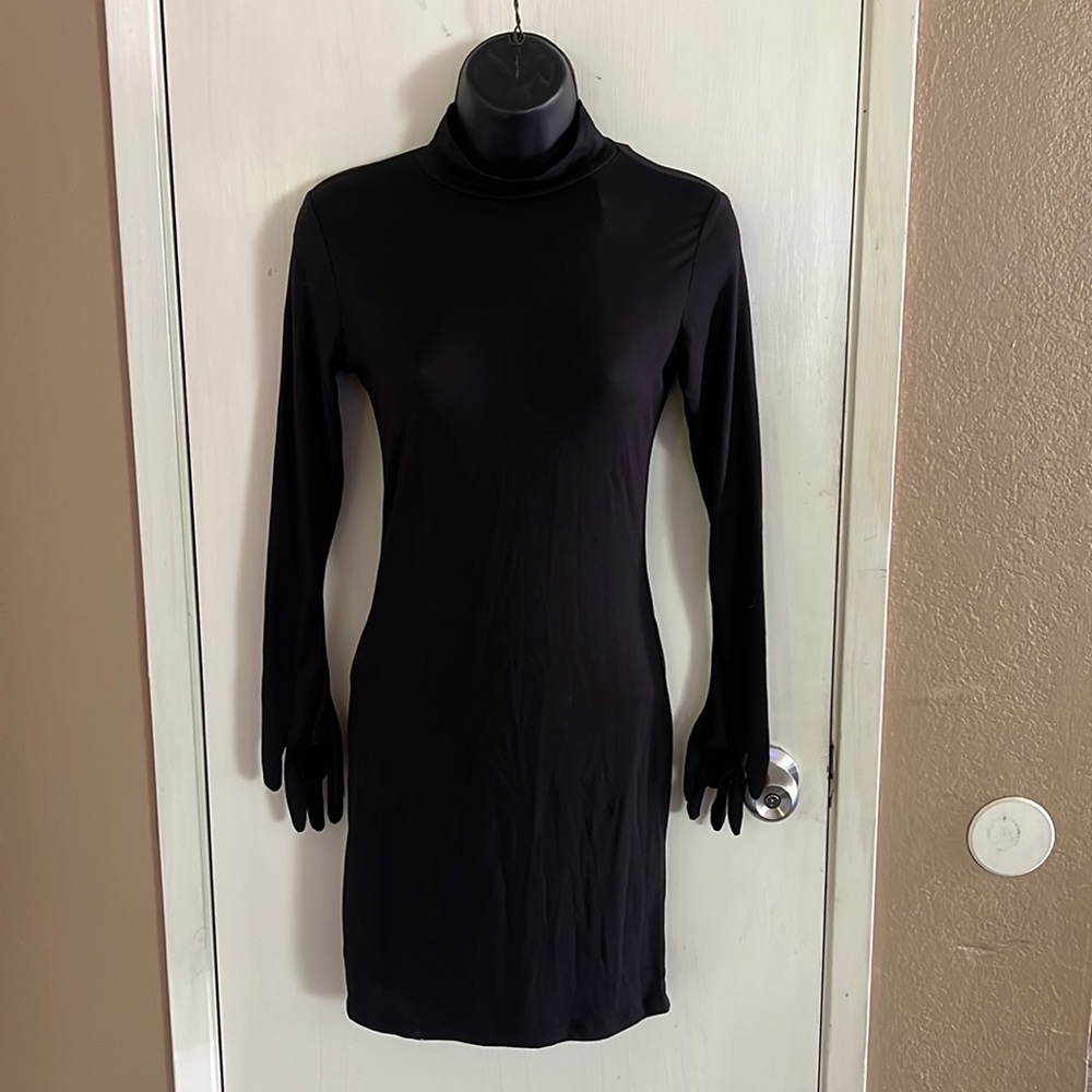 Black mini dress with attached gloves